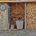 un jeune bûcheron stockant des bûches de bois densifiés ou compressés dans une petite maison en bois pour avoir se chauffer pour l'hiver