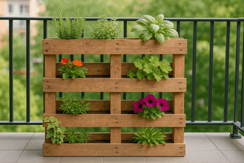 Jardin avec palette sur le balcon