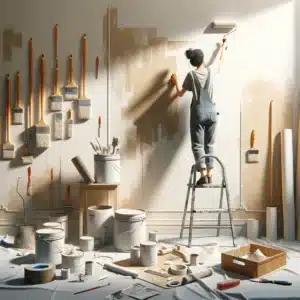 Femme sur un escabeau qui peint un mur comme professionnel